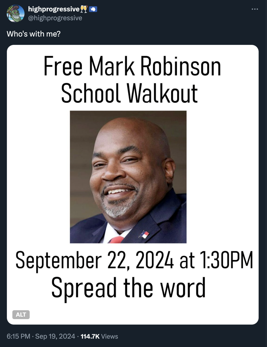 photo caption - highprogressive!! Who's with me? Free Mark Robinson School Walkout at Pm Spread the word Alt Views